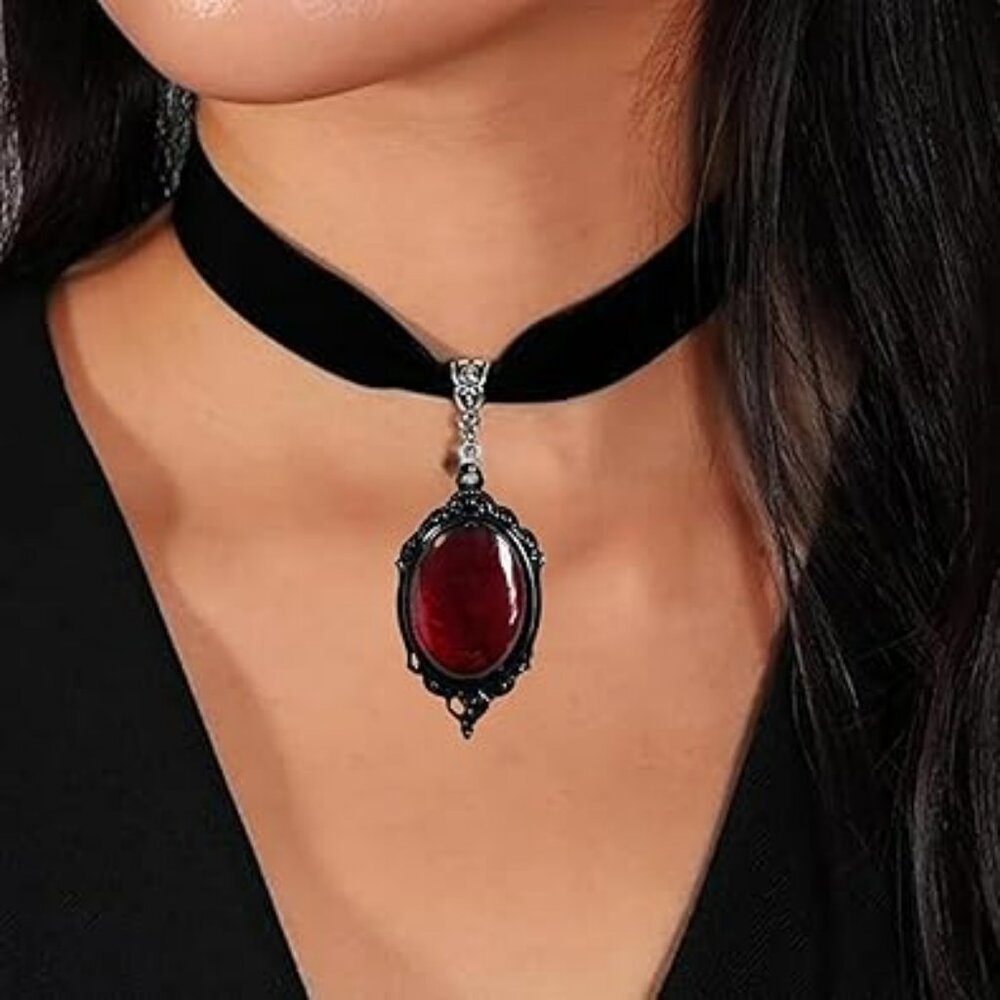 Black Velvet Choker with Red Stone Goth Punk Style‎ Necklace